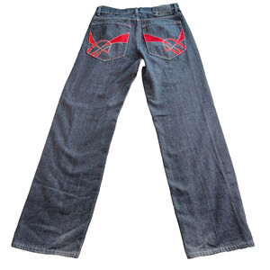 Chams Denim Jeans Mens 32x31 Gray Black Red Embroidered Pockets Y2K Straight